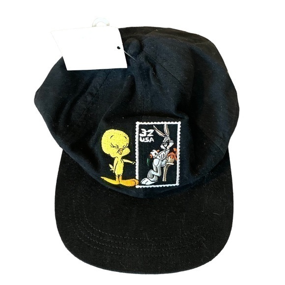 New Vintage Looney Tunes Stamp Collection Tweety Bird Bugs Bunny Cap Black - Picture 1 of 6